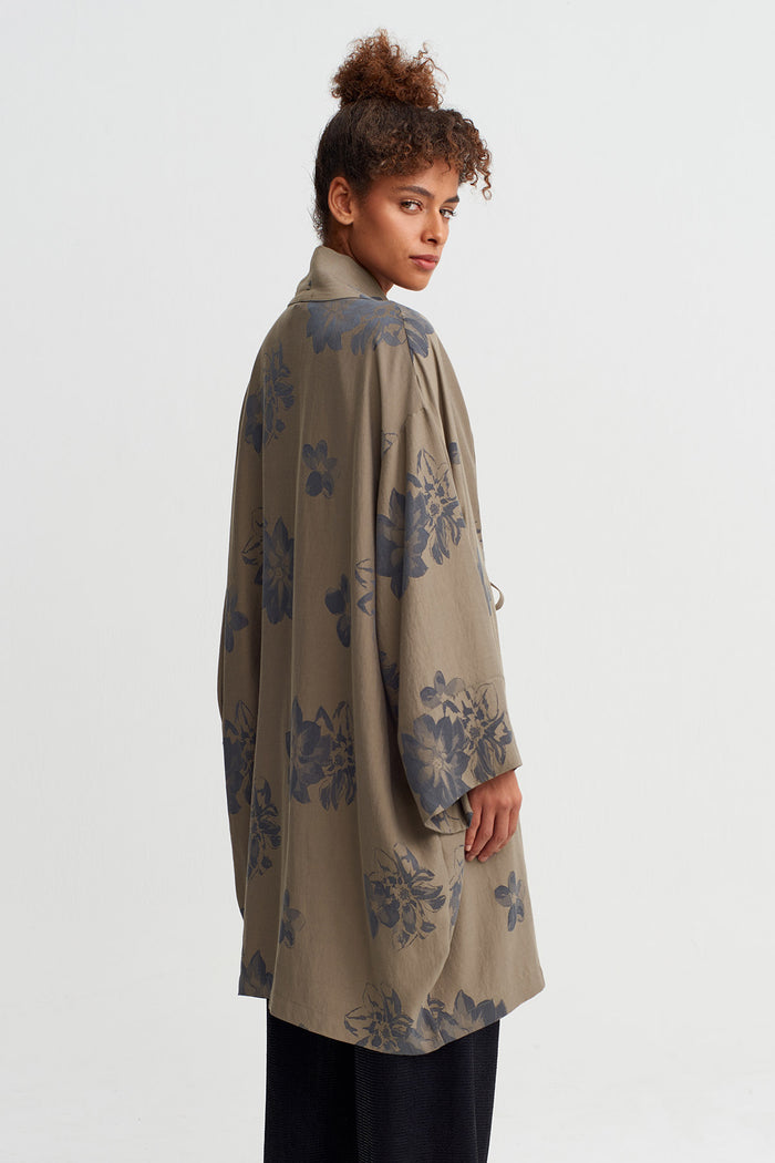 Kahve/Gri Desenli Kuşaklı Kimono Ceket-Y265015036