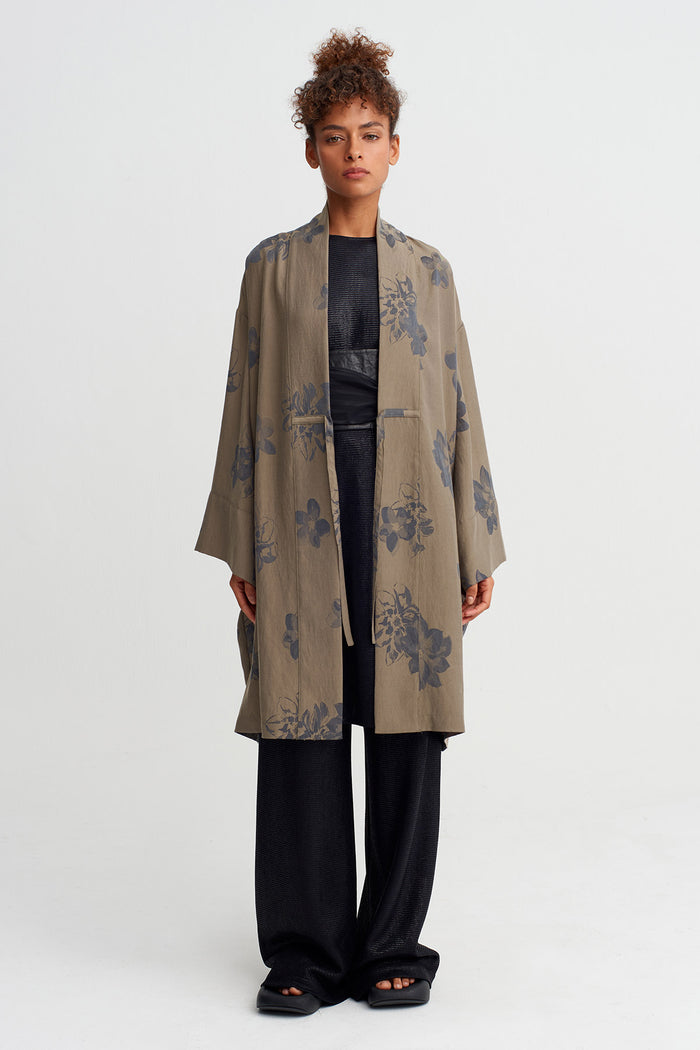 Kahve/Gri Desenli Kuşaklı Kimono Ceket-Y265015036