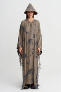 Kahve/Gri Desenli Uzun Kimono Ceket-Y265015035