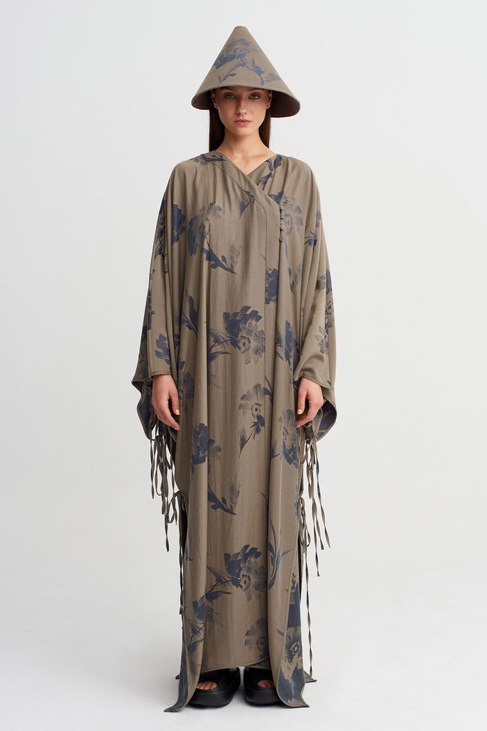 Kahve/Gri Desenli Uzun Kimono Ceket-Y265015035