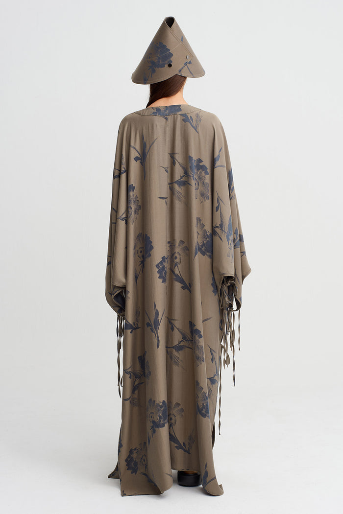 Kahve/Gri Desenli Uzun Kimono Ceket-Y265015035