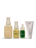 Erfrischender Reiniger, Erneuernde Feuchtigkeitscreme, Algen-Hyalruonserum und Skin-balancing Sunscreen von nkm im Kennenlern Set