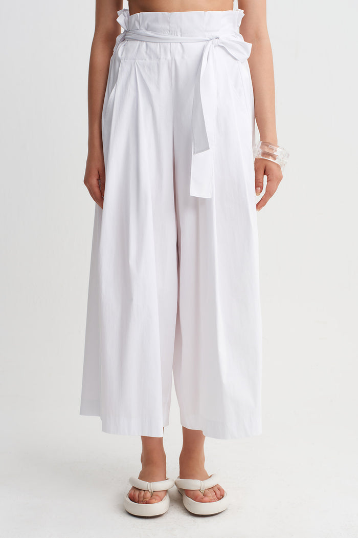 Kırık Beyaz Bağlama Detaylı Poplin Pantolon-Y263013093