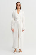 Kırık Beyaz Bağlamalı Uzun Kimono-Y265015039