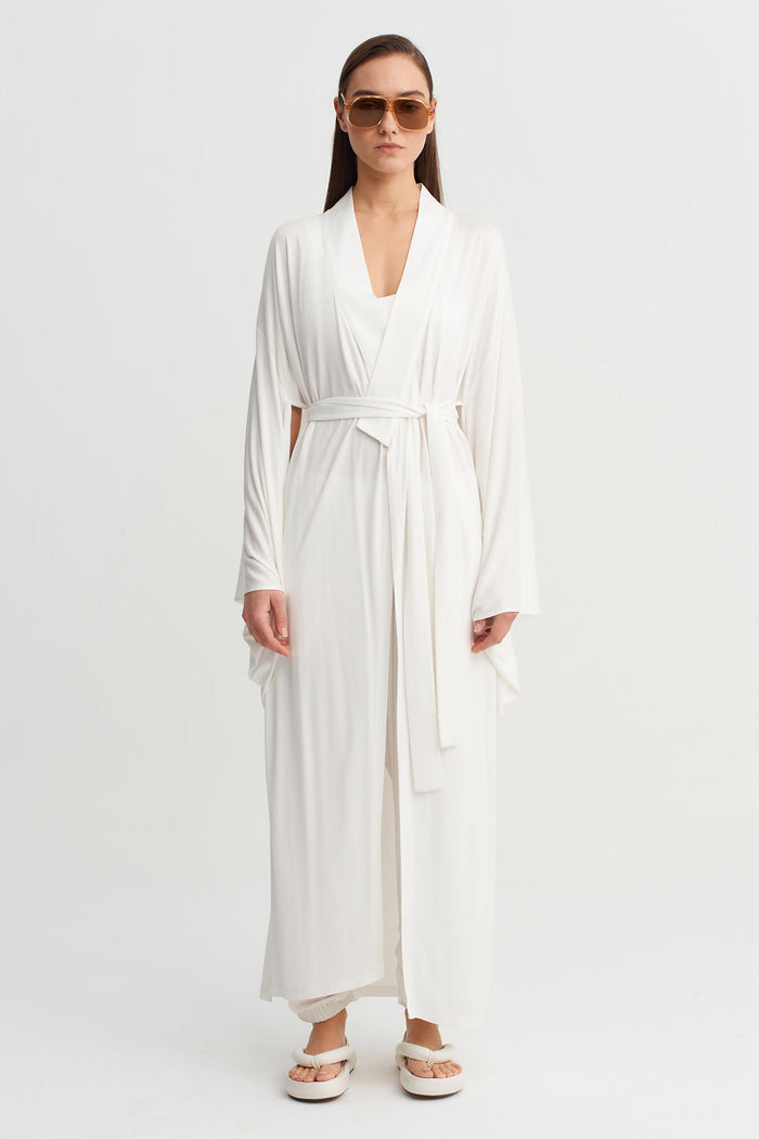 Kırık Beyaz Bağlamalı Uzun Kimono-Y265015039