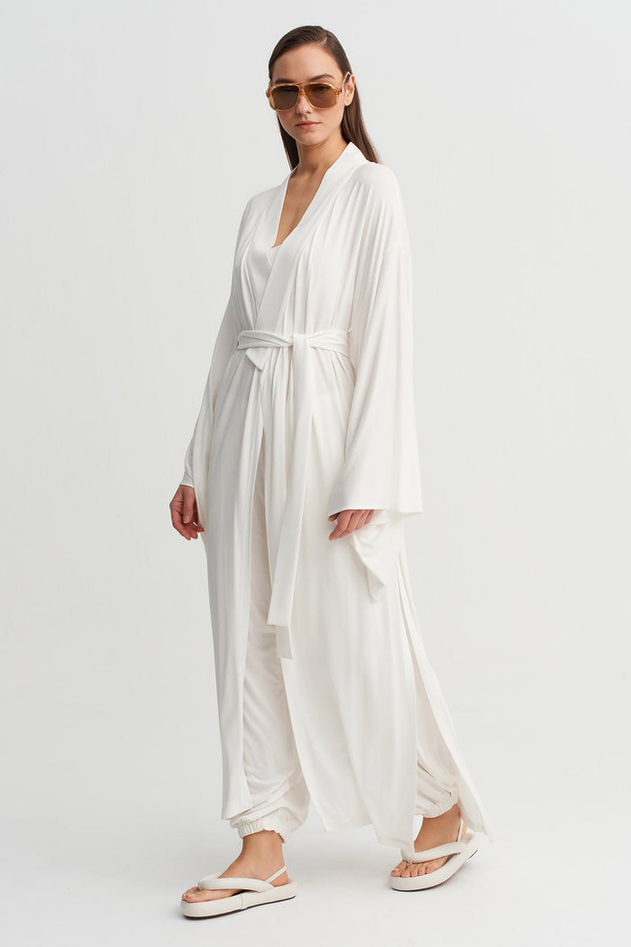 Kırık Beyaz Bağlamalı Uzun Kimono-Y265015039