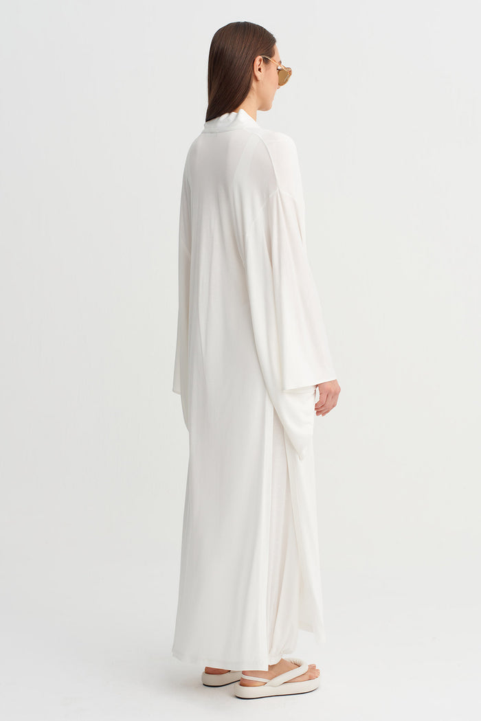 Kırık Beyaz Bağlamalı Uzun Kimono-Y265015039