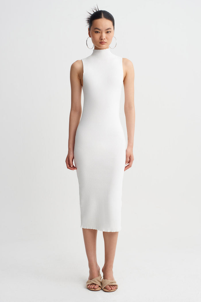 Kırık Beyaz Boğazlı Kolsuz Ribana Elbise-K264014038