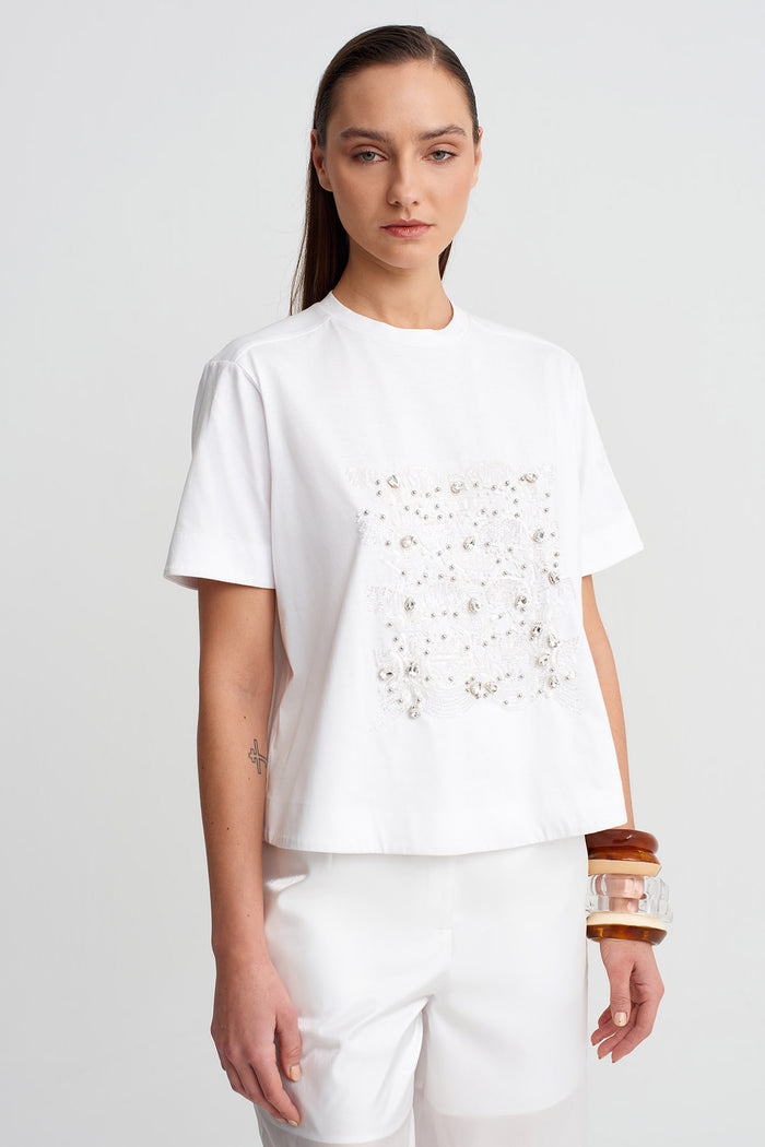 Kırık Beyaz İşlemeli  T-Shirt-Y261011062