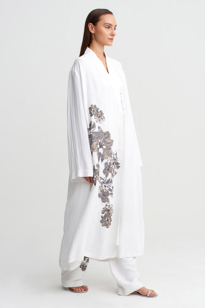 Kırık Beyaz İşlemeli Uzun Kimono-Y265015034