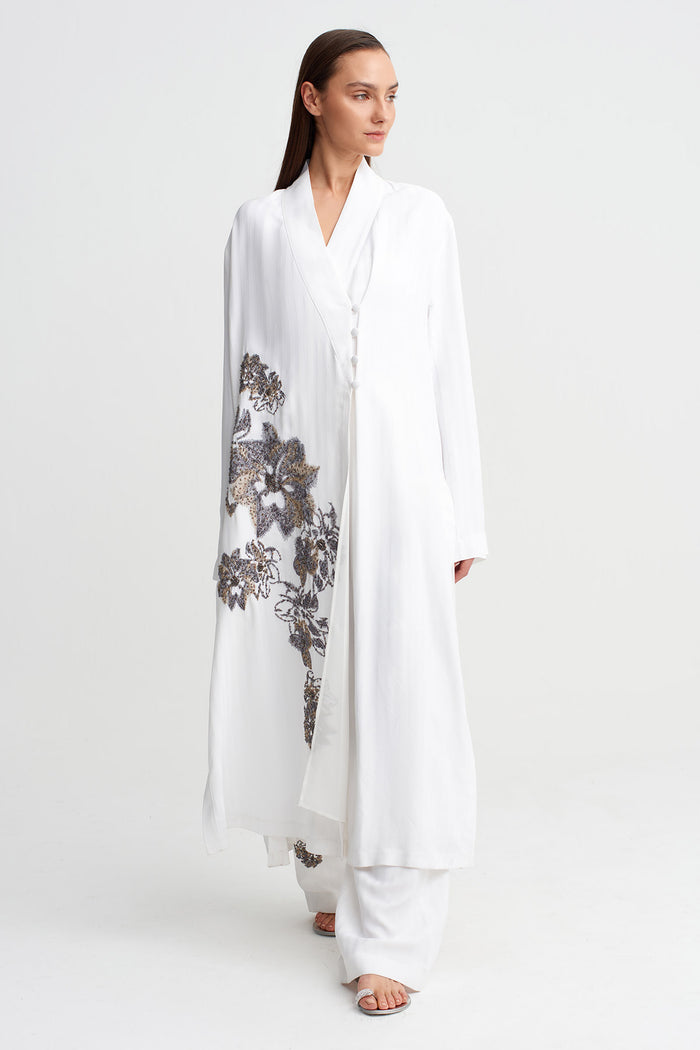 Kırık Beyaz İşlemeli Uzun Kimono-Y265015034