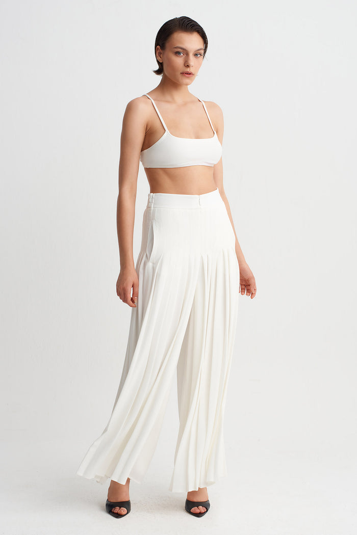 Kırık Beyaz Pileli Midi Pantolon-Y263013094