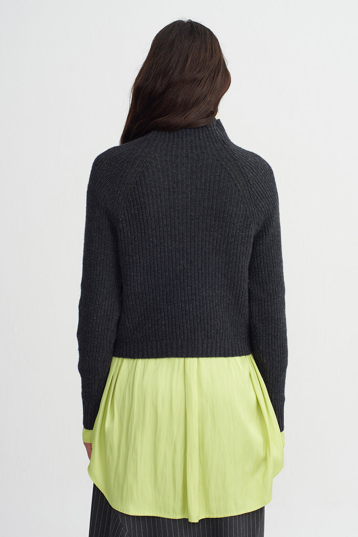 Koyu Gri Melanj Yüksek Yaka Rib Triko Kazak-K261011001