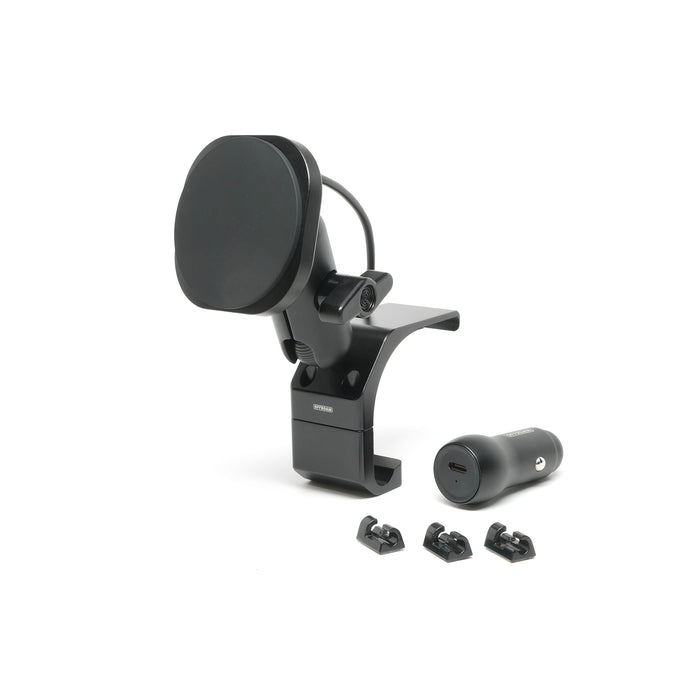 Image of Offroam MagSafe-compatible Phone Mount for Land Rover Defender 2020-2026. This premium phone mount installs easily without drilling or glue. High force magnets hold phone on any trail, road, or track. Perfect placement without blocking screens, driver view, or air flow. Fully adjustable positioning.