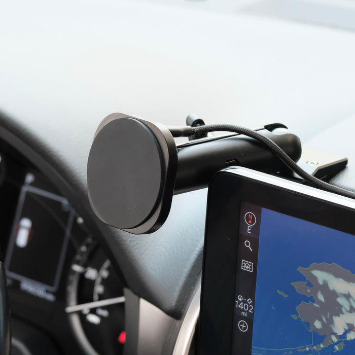 Image of Offroam MagSafe-compatible Phone Mount installed securely in Lexus GX 460 2022-2023. This premium phone mount installs easily without drilling or glue. High force magnets hold phone on any trail, road, or track. Perfect placement without blocking screens, driver view, or air flow. Fully adjustable positioning.