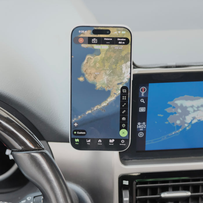 Image of Offroam MagSafe-compatible Phone Mount installed securely in Lexus GX 460 2022-2023. This premium phone mount installs easily without drilling or glue. High force magnets hold phone on any trail, road, or track. Perfect placement without blocking screens, driver view, or air flow. Fully adjustable positioning.