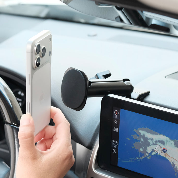 Image of Offroam MagSafe-compatible Phone Mount installed securely in Lexus GX 460 2022-2023. This premium phone mount installs easily without drilling or glue. High force magnets hold phone on any trail, road, or track. Perfect placement without blocking screens, driver view, or air flow. Fully adjustable positioning.