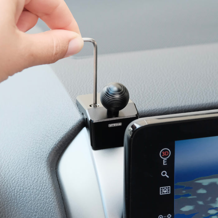 Image of Offroam Mounting Base installed securely in Lexus GX 460 2022-2023. This premium all metal phone mounting base installs easily without drilling or glue. Perfect placement without blocking screens, driver view, or air flow.