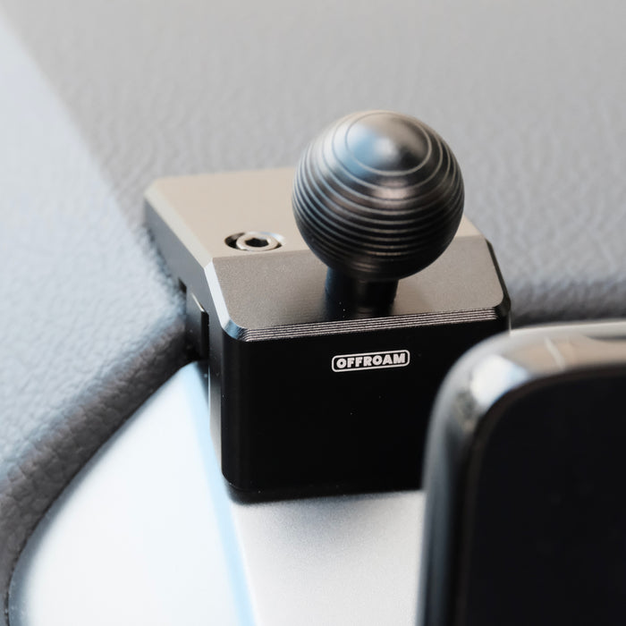 Image of Offroam Mounting Base installed securely in Lexus GX 460 2022-2023. This premium all metal phone mounting base installs easily without drilling or glue. Perfect placement without blocking screens, driver view, or air flow.