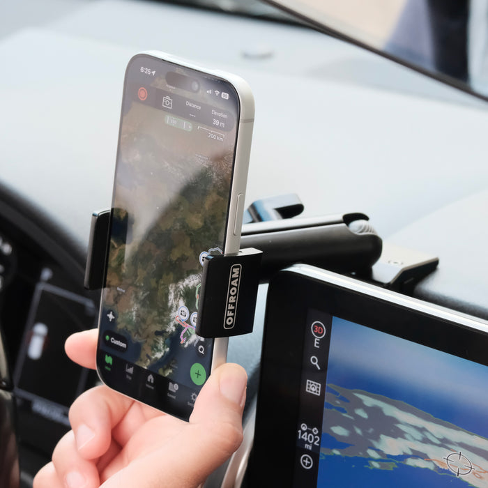 Image of Offroam Phone Mount installed securely in Lexus GX 460 2022-2023. This premium phone mount installs easily without drilling or glue. Spring loaded Universal holder for use with any phone. Perfect placement without blocking screens, driver view, or air flow. Fully adjustable positioning.