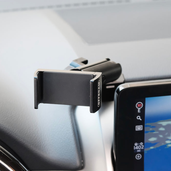 Image of Offroam Phone Mount installed securely in Lexus GX 460 2022-2023. This premium phone mount installs easily without drilling or glue. Spring loaded Universal holder for use with any phone. Perfect placement without blocking screens, driver view, or air flow. Fully adjustable positioning.
