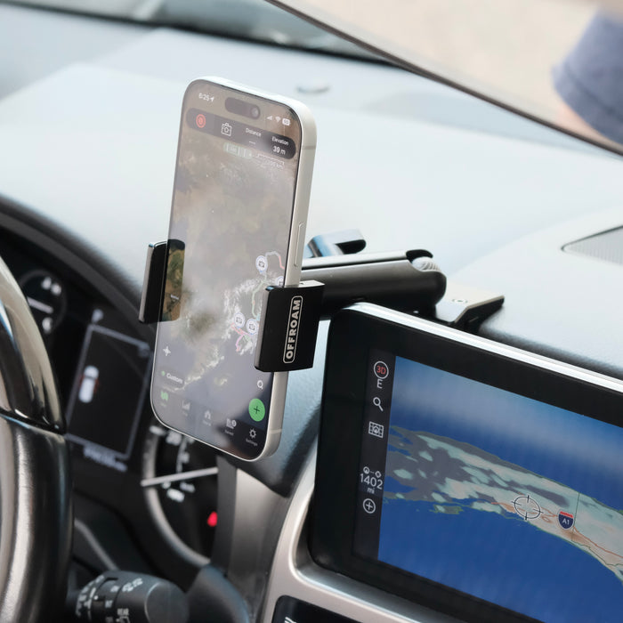 Image of Offroam Phone Mount installed securely in Lexus GX 460 2022-2023. This premium phone mount installs easily without drilling or glue. Spring loaded Universal holder for use with any phone. Perfect placement without blocking screens, driver view, or air flow. Fully adjustable positioning.