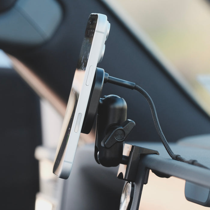 Image of Offroam MagSafe-compatible Phone Mount installed securely in Lexus GX 550 2024-2026. This premium phone mount installs easily without drilling or glue. High force magnets hold phone on any trail, road, or track. Perfect placement without blocking screens, driver view, or air flow. Fully adjustable positioning.