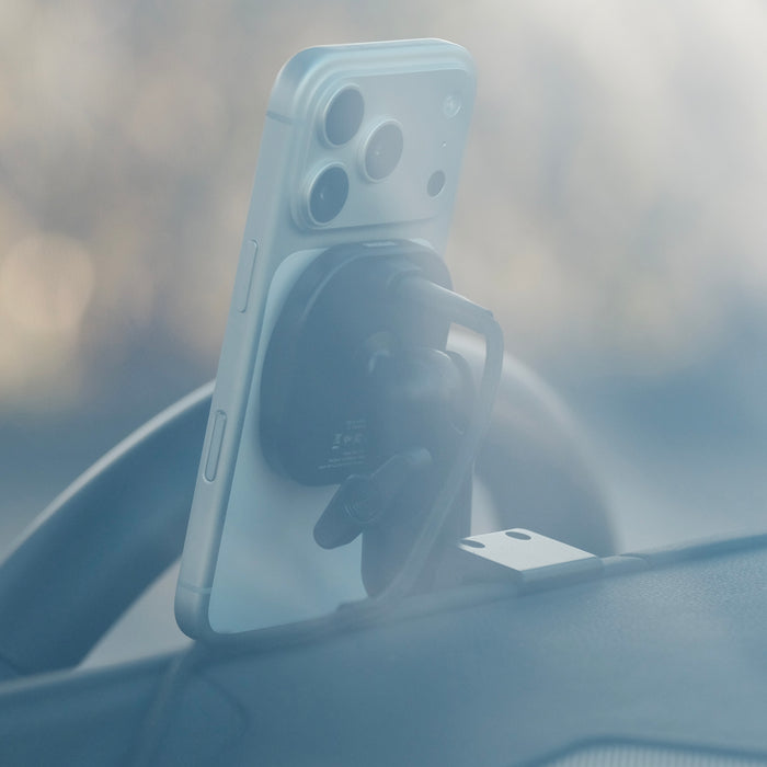 Image of Offroam MagSafe-compatible Phone Mount installed securely in Lexus GX 550 2024-2026. This premium phone mount installs easily without drilling or glue. High force magnets hold phone on any trail, road, or track. Perfect placement without blocking screens, driver view, or air flow. Fully adjustable positioning.