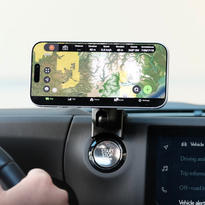 Image of Offroam MagSafe-compatible Phone Mount installed securely in Lexus GX 550 2024-2026. This premium phone mount installs easily without drilling or glue. High force magnets hold phone on any trail, road, or track. Perfect placement without blocking screens, driver view, or air flow. Fully adjustable positioning.