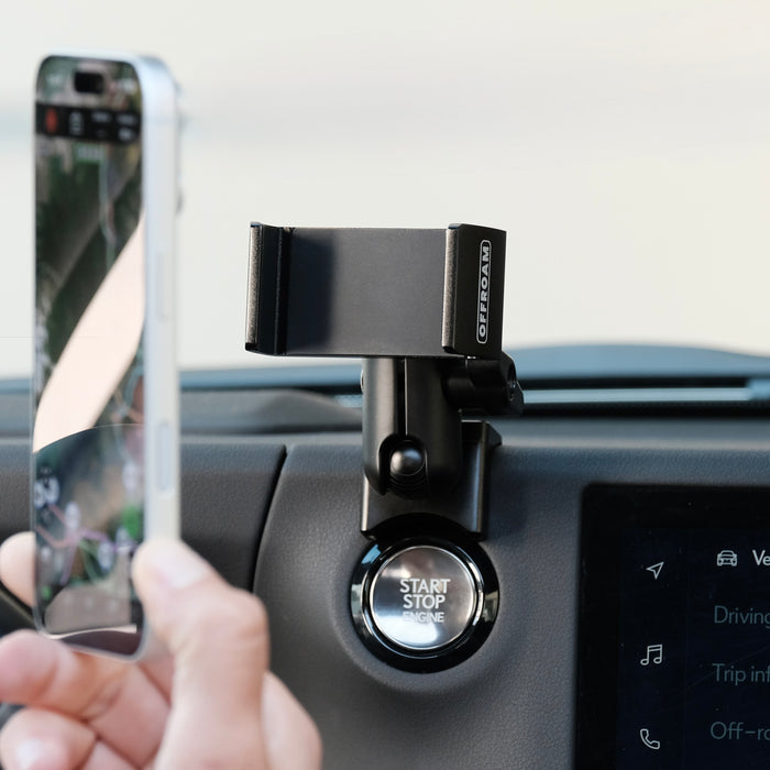 Image of Offroam MagSafe-compatible Phone Mount installed securely in Lexus GX 550 2024-2026. This premium phone mount installs easily without drilling or glue. High force magnets hold phone on any trail, road, or track. Perfect placement without blocking screens, driver view, or air flow. Fully adjustable positioning.