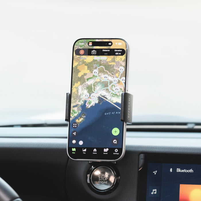 Image of Offroam MagSafe-compatible Phone Mount installed securely in Lexus GX 550 2024-2026. This premium phone mount installs easily without drilling or glue. High force magnets hold phone on any trail, road, or track. Perfect placement without blocking screens, driver view, or air flow. Fully adjustable positioning.