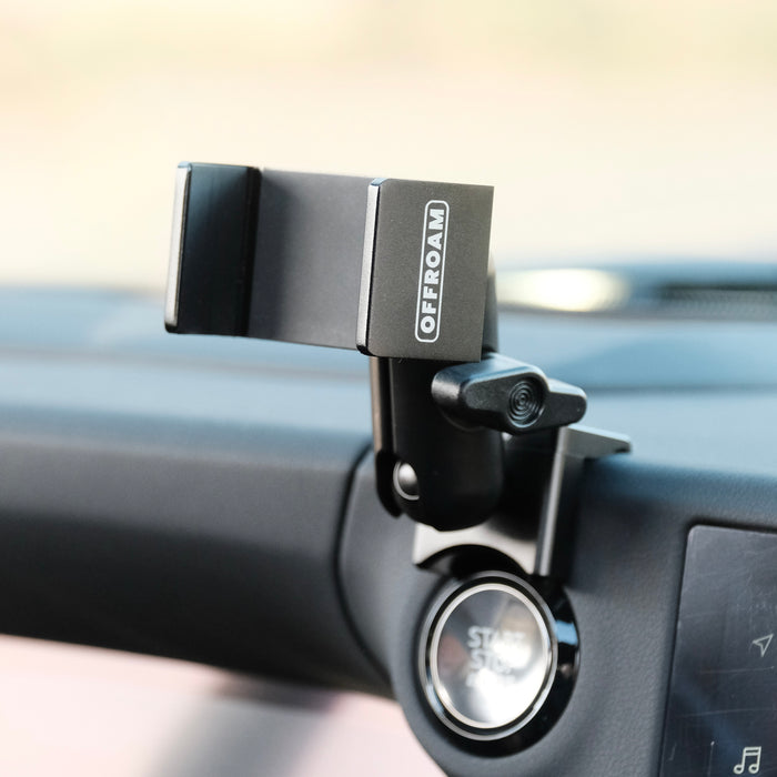 Image of Offroam MagSafe-compatible Phone Mount installed securely in Lexus GX 550 2024-2026. This premium phone mount installs easily without drilling or glue. High force magnets hold phone on any trail, road, or track. Perfect placement without blocking screens, driver view, or air flow. Fully adjustable positioning.