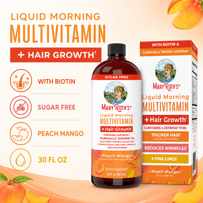 MaryRuth's Liquid Morning Multivitamin product highlights – biotin, sugar free, peach mango, 30 fl oz