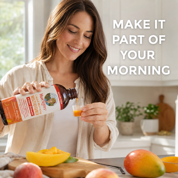 Woman adding MaryRuth's Liquid Morning Multivitamin to her morning routine