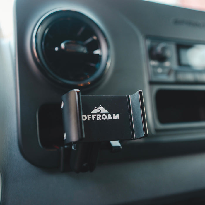 Image of Offroam Phone Mount for Mercedes-Benz Sprinter 2019-2026. This premium all metal phone mounting base installs easily without drilling or glue. Perfect placement without blocking screens, driver view, or air flow.