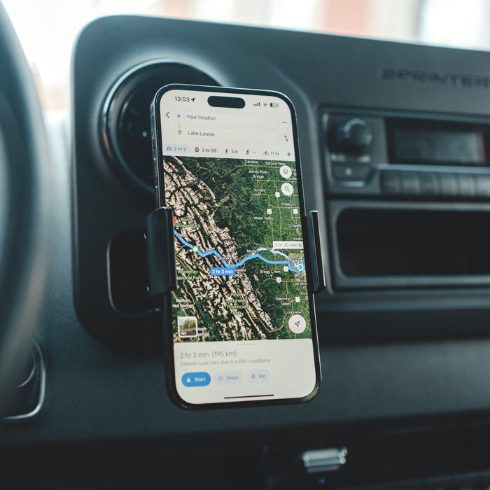 Image of Offroam Phone Mount for Mercedes-Benz Sprinter 2019-2026. This premium all metal phone mounting base installs easily without drilling or glue. Perfect placement without blocking screens, driver view, or air flow.