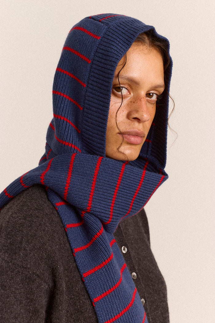Merino Wool Hooded Scarf - Blue Stripe