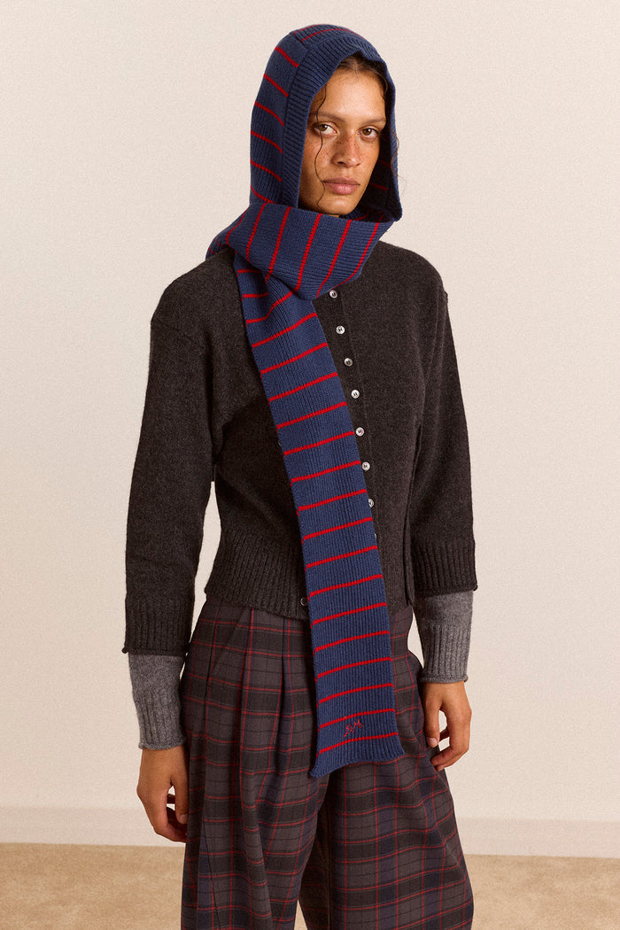 Merino Wool Hooded Scarf - Blue Stripe