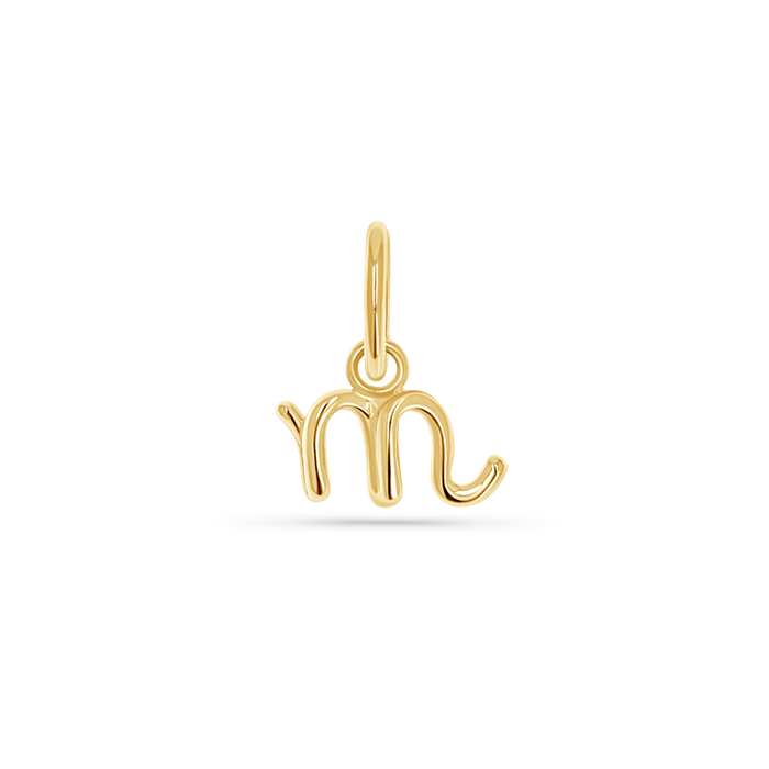14k solid yellow gold charm of a lowercase letter in a cursive font. Round 5mm bail.