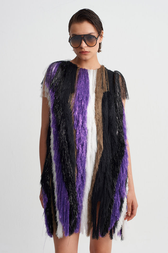 Multicolor Püsküllü Işıltılı Elbise-Y264014124