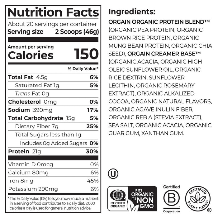 Orgain Creamy Chocolate Fudge nutrition facts and ingredients