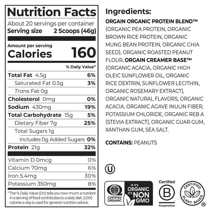Orgain Peanut Butter nutrition facts and ingredients