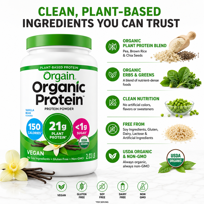 Orgain Organic Plant Based Protein Powder, Vanilla Bean – 2.03 lb