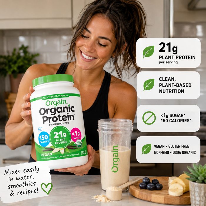 Orgain Organic Plant Based Protein Vanilla Bean lifestyle UGC with shake