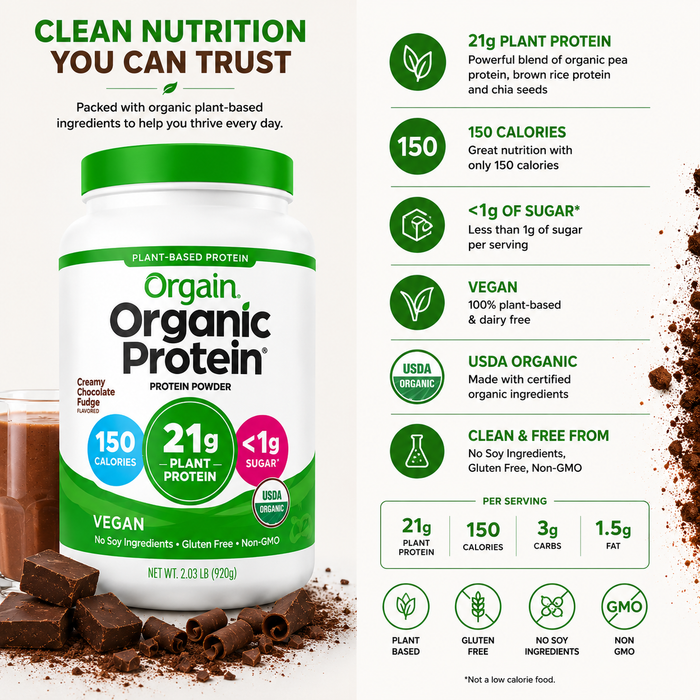 Orgain Plant-Based Protein Powder, Creamy Chocolate Fudge – 32.4 oz