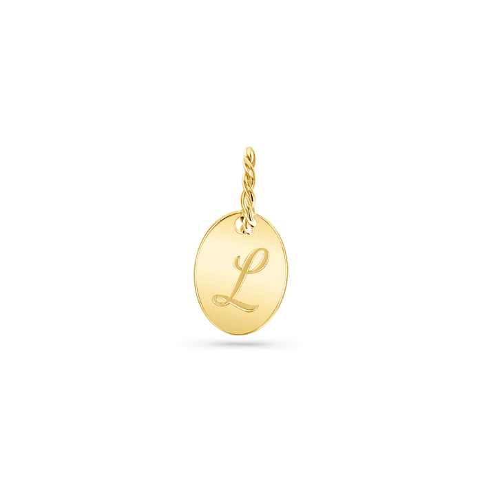 14K solid yellow gold disc with an engraved capital letter in script font and large bail made of twisted gold wire.