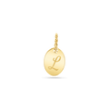 14K solid yellow gold disc with an engraved capital letter in script font and large bail made of twisted gold wire.