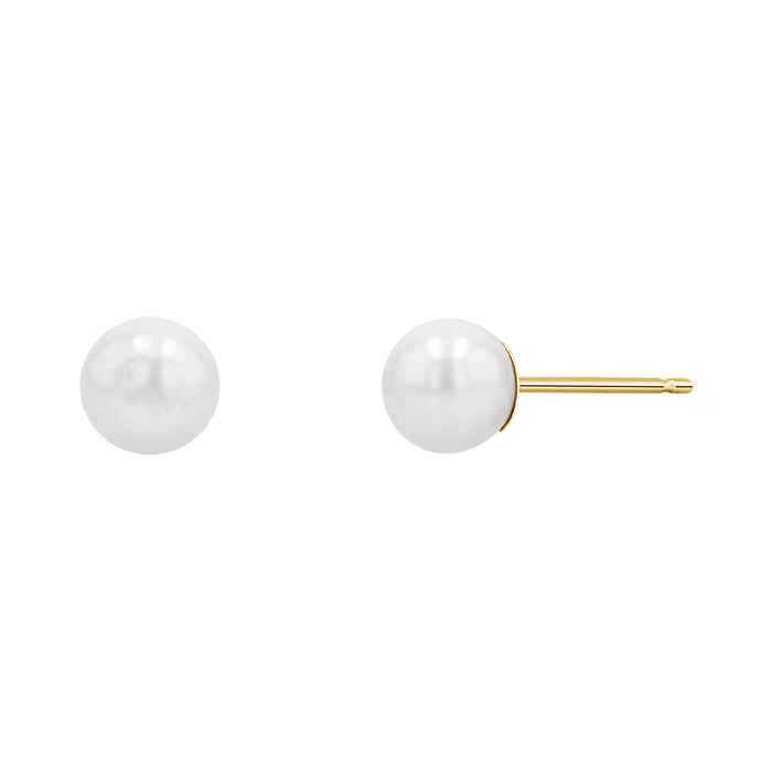 Stud earrings with 6mm white freshwater pearls and 14k yellow gold earring post