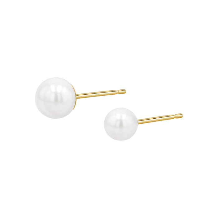 One 6mm stud pearl earring and one 4mm stud earring with white freshwater pearls and 14k yellow gold earring post