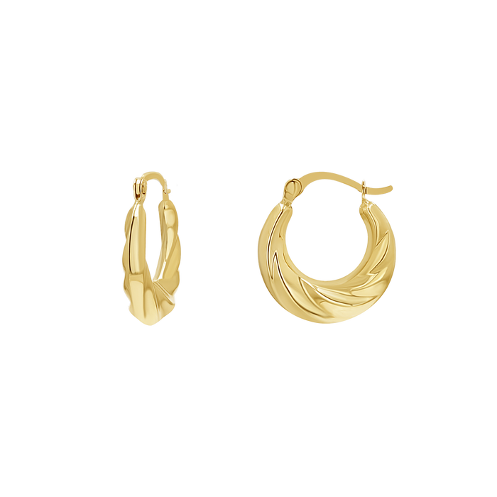 Petit croissant hoops in 14k yellow gold with latch closure.
